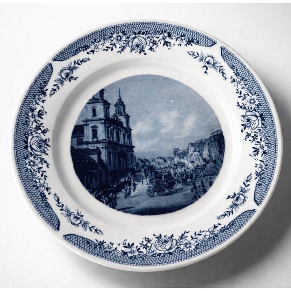 Vintage Kahla Canaletto Plate Warsaw Holy Cross Church Blue White GDR Porcelain